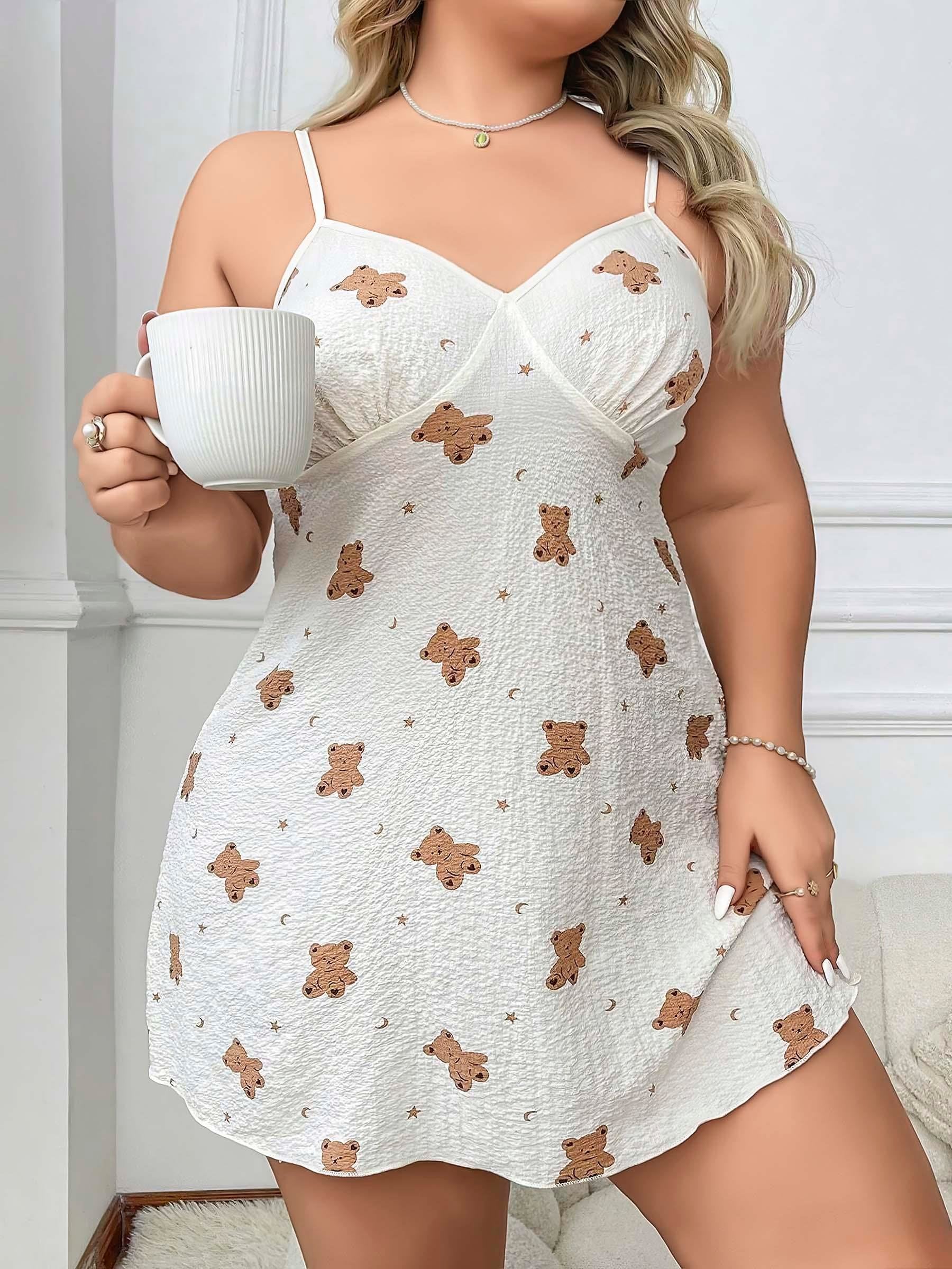Aria's Closet Büyük Beden Ayıcık Desenli Pamuklu İnce Askılı Mini Gecelik Beyaz 2XL