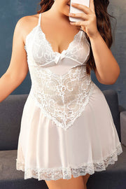 Aria's Closet Büyük Beden Beyaz Dantel İşlemeli İnce Askılı Gecelik Beyaz 2XL