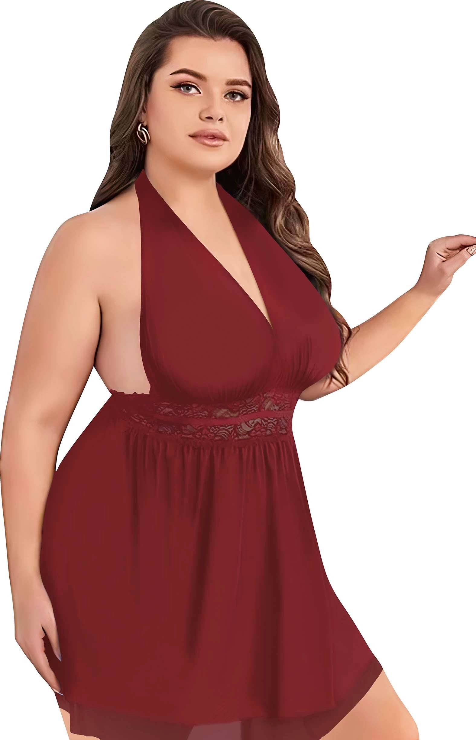 Aria's Closet Büyük Beden Bordo Dantel İşlemeli Boyundan Bağlamalı Fantezi Tül Gecelik Bordo St XL/XXXL