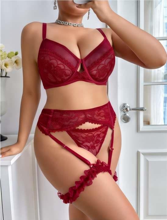 Aria's Closet Büyük Beden Bordo Dantel İşlemeli Sütyenli Fantezi Jartiyer Takımı Bordo 3XL