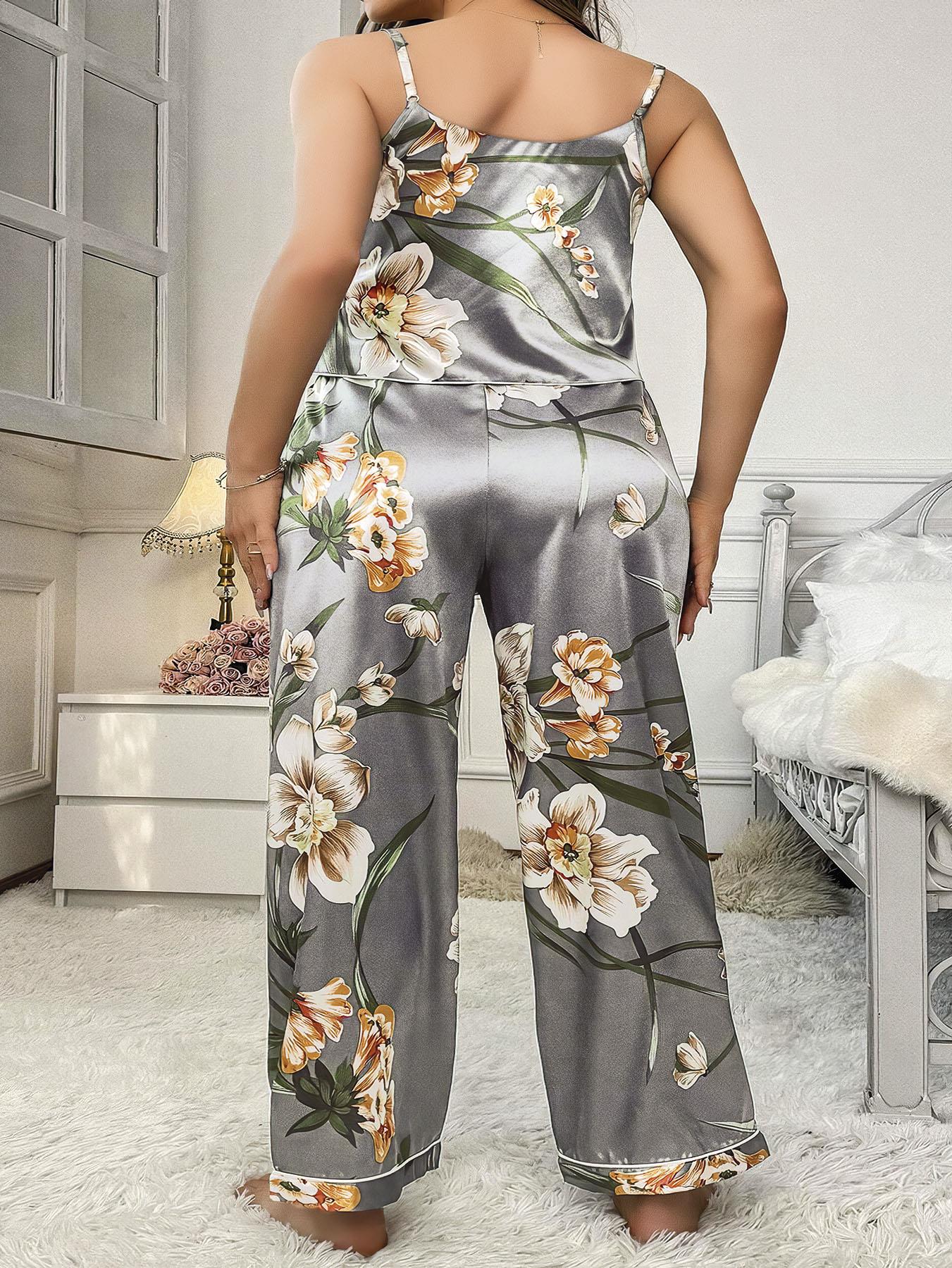 Aria's Closet Büyük Beden Çiçek Desenli İnce Askılı Gri 2'li Takım