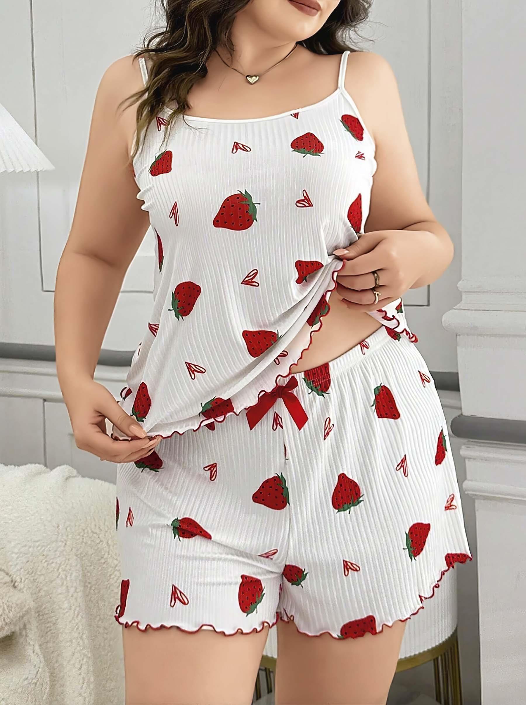 Aria's Closet Büyük Beden Çilek Desen Pamuklu Şortlu Pijama Takımı
