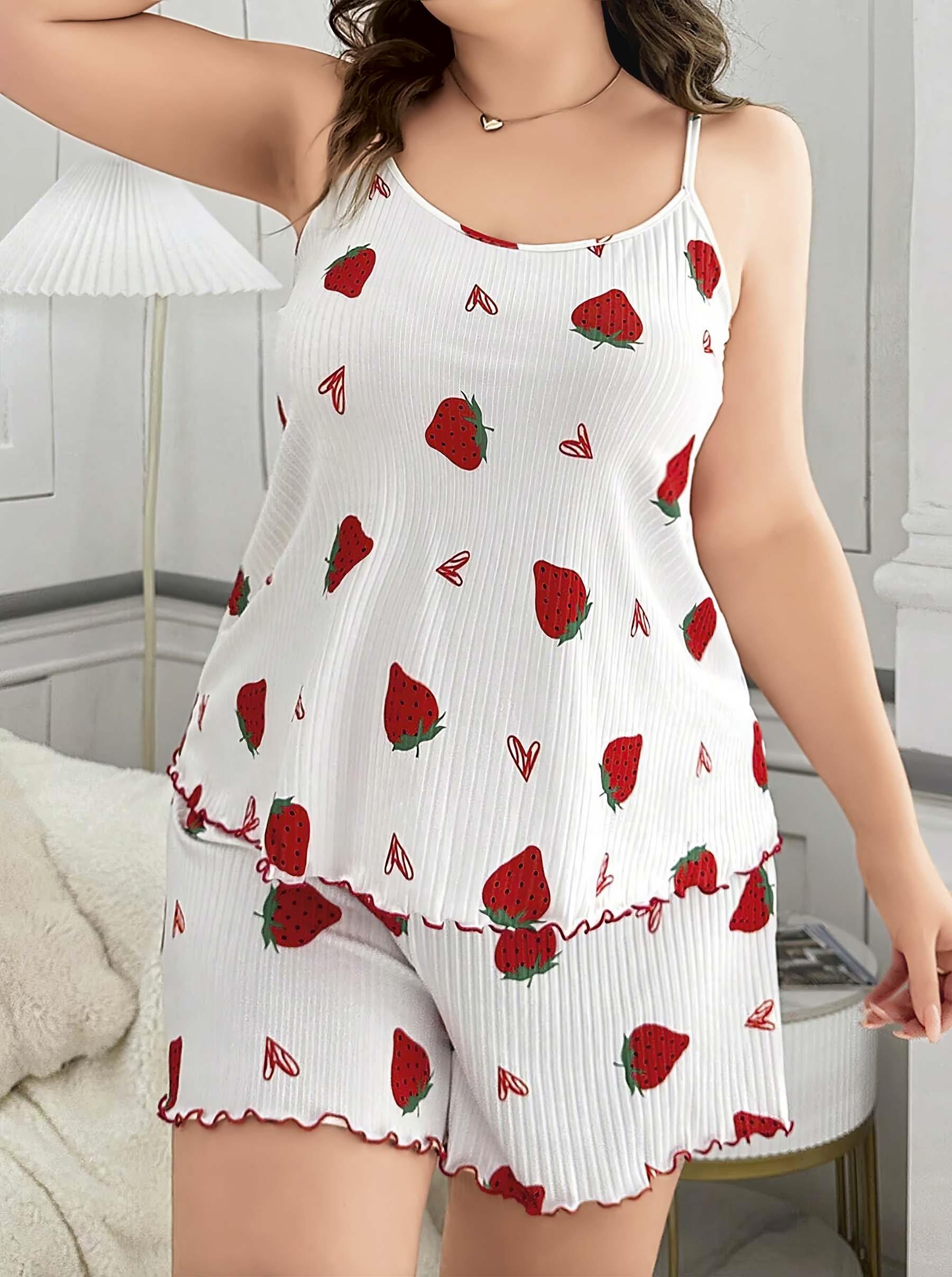 Aria's Closet Büyük Beden Çilek Desen Pamuklu Şortlu Pijama Takımı