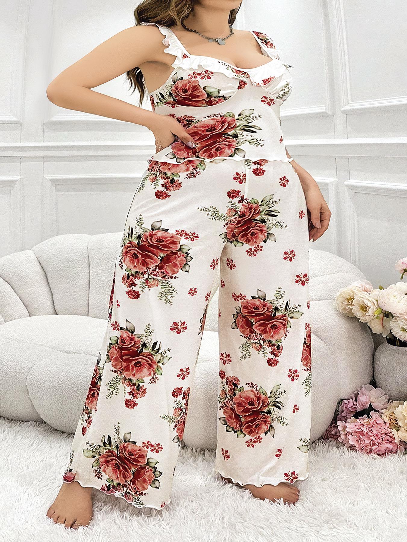 Aria's Closet Büyük Beden Gül Desenli İnce Askılı Beyaz Salaş 2'li Takım Görsel 3XL