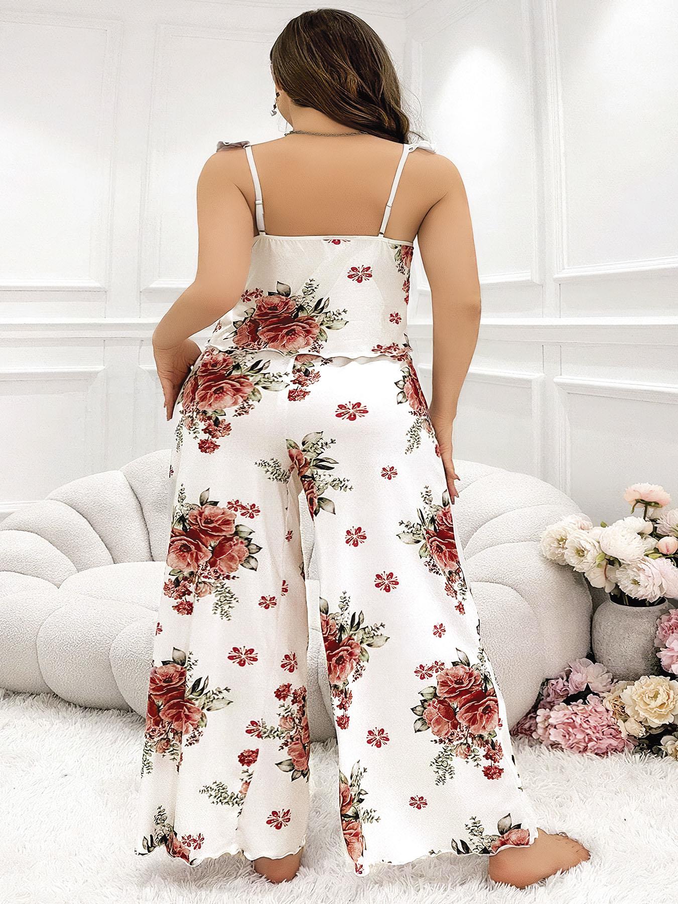 Aria's Closet Büyük Beden Gül Desenli İnce Askılı Beyaz Salaş 2'li Takım