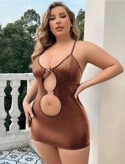 Aria's Closet Büyük Beden Kahverengi Deri Metal Aksesuarlı Fantezi Elbise Kahverengi 3XL