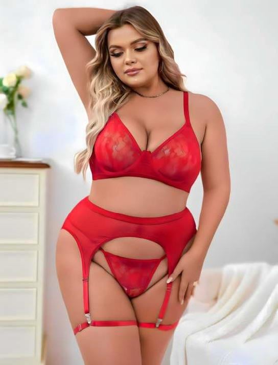 Aria's Closet Büyük Beden Kırmızı Dantel İşlemeli Fantezi Jartiyer Takımı Kırmızı 3XL