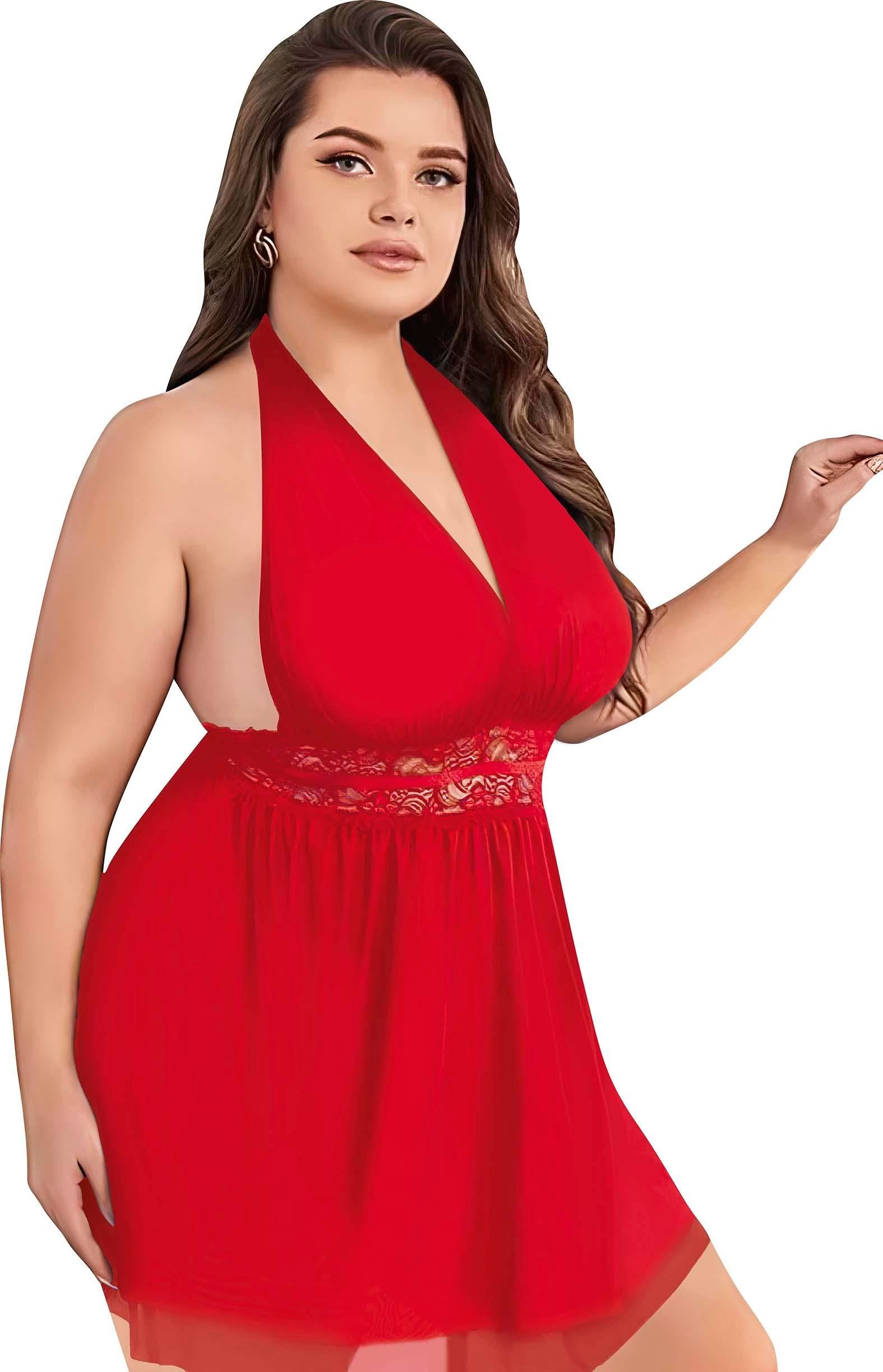 Aria's Closet Büyük Beden Kırmızı Dantel İşlemeli Boyundan Bağlamalı Fantezi Tül Gecelik Kırmızı St XL/XXXL