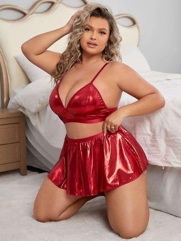 Aria's Closet Büyük Beden Kırmızı Deri Etekli Fantezi Kostüm Kırmızı 3XL