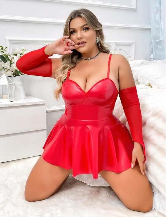 Aria's Closet Büyük Beden Kırmızı Parlak Deri Fantezi Elbise Kırmızı 3XL