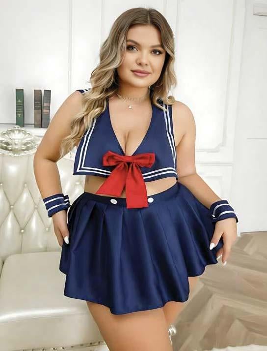 Aria's Closet Büyük Beden Lacivert Büstiyerli Kurdela Detaylı Mini Etekli Fantezi Denizci Kostümü Lacivert 3XL