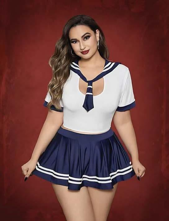 Aria's Closet Büyük Beden Lacivert Mini Etekli Fantezi Denizci Kostümü Lacivert 3XL