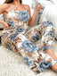 Aria's Closet Büyük Beden Mavi Çiçek Desenli İnce Askılı 2'li Saten Pijama Mavi 2XL