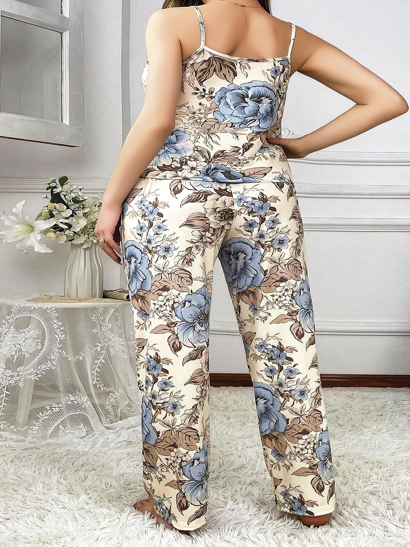 Aria's Closet Büyük Beden Mavi Çiçek Desenli İnce Askılı 2'li Saten Pijama
