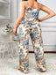 Aria's Closet Büyük Beden Mavi Çiçek Desenli İnce Askılı 2'li Saten Pijama