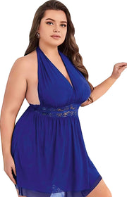 Aria's Closet Büyük Beden Mavi Dantel İşlemeli Boyundan Bağlamalı Fantezi Tül Gecelik Mavi St XL/XXXL