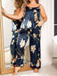 Aria's Closet Büyük Beden Mavi Üstüne Çiçek Desenli İnce Askılı 2'li Saten Pijama Takımı Mavi 2XL