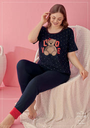 Aria's Closet Büyük Beden Pamuklu Love Bear Ayıcık Desenli Lacivert Kısa Kol Pijama Takımı Lacivert 2XL