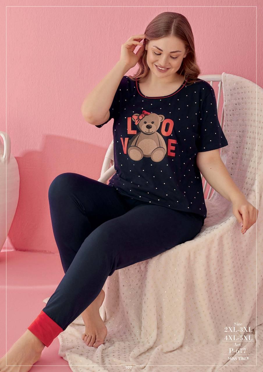 Aria's Closet Büyük Beden Pamuklu Love Bear Ayıcık Desenli Lacivert Kısa Kol Pijama Takımı Lacivert 2XL