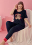Aria's Closet Büyük Beden Pamuklu Love Bear Ayıcık Desenli Lacivert Kısa Kol Pijama Takımı Lacivert 2XL