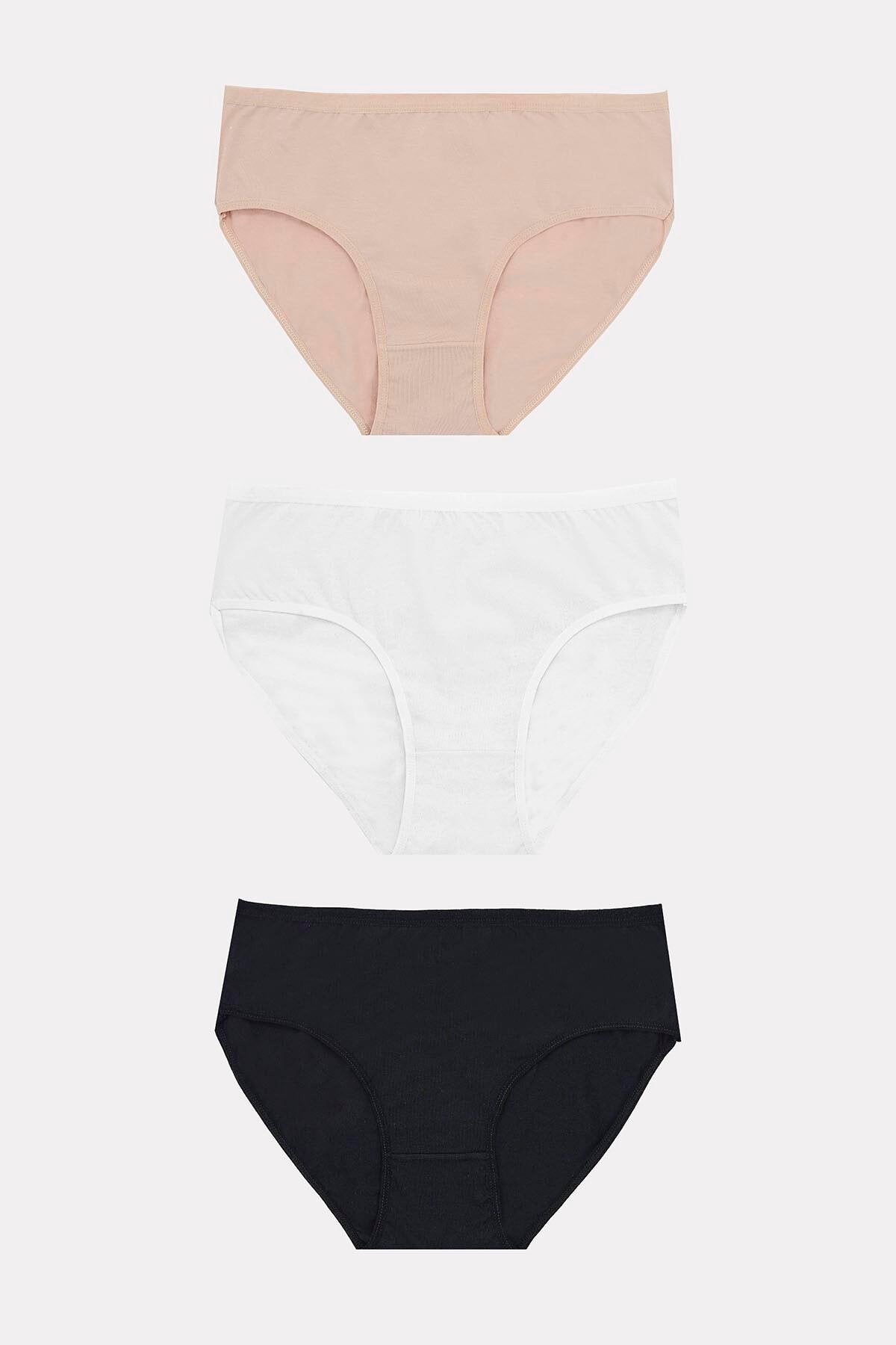 Aria's Closet Büyük Beden Pamuklu Siyah Beyaz Ten Rengi 3'lü Külot Karışık Renk 2XL