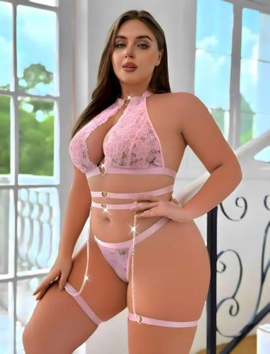 Aria's Closet Büyük Beden Pembe Dantel İşlemeli Zincir Detaylı Jartiyer Takımı Pembe 3XL