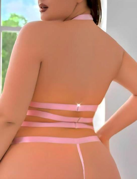 Aria's Closet Büyük Beden Pembe Dantel İşlemeli Zincir Detaylı Jartiyer Takımı