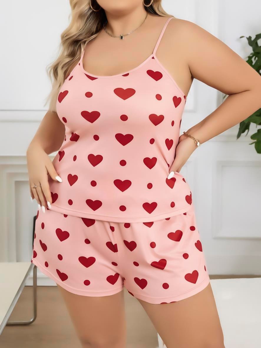 Aria's Closet Büyük Beden Pembe Kalp Desen Pamuklu Şortlu Pijama Takımı Pembe 2XL