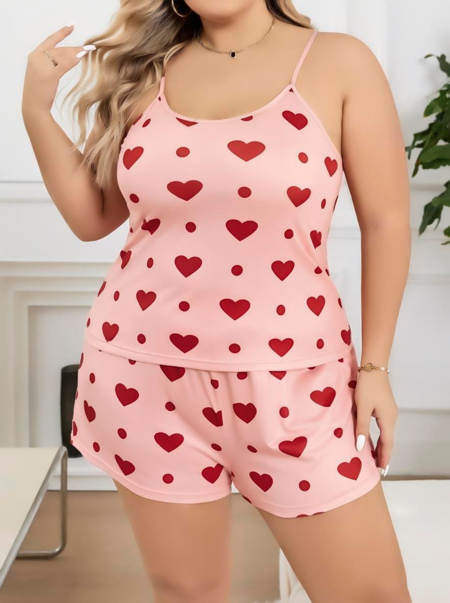 Aria's Closet Büyük Beden Pembe Kalp Desen Pamuklu Şortlu Pijama Takımı