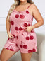 Aria's Closet Büyük Beden Pembe Kiraz Desen İnce Askılı Pamuklu Şortlu Pijama Takımı