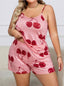Aria's Closet Büyük Beden Pembe Kiraz Desen İnce Askılı Pamuklu Şortlu Pijama Takımı Pembe 2XL