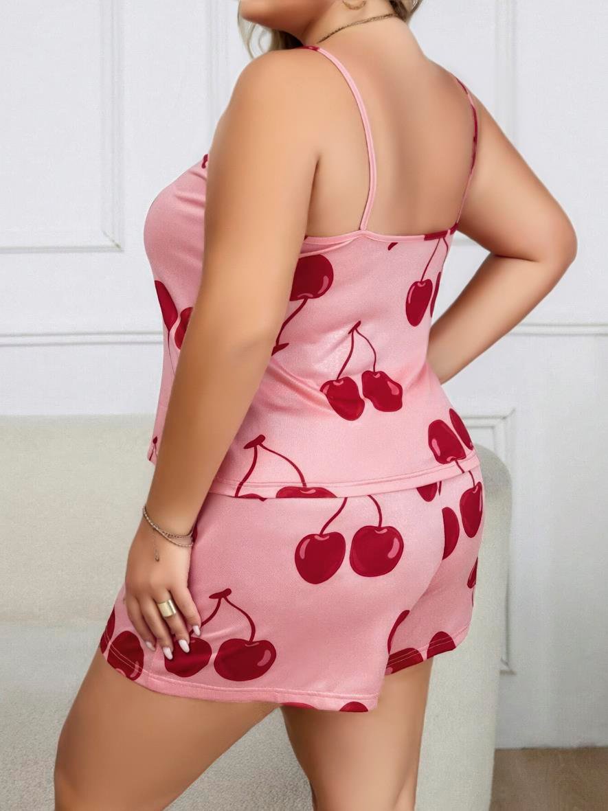 Aria's Closet Büyük Beden Pembe Kiraz Desen İnce Askılı Pamuklu Şortlu Pijama Takımı