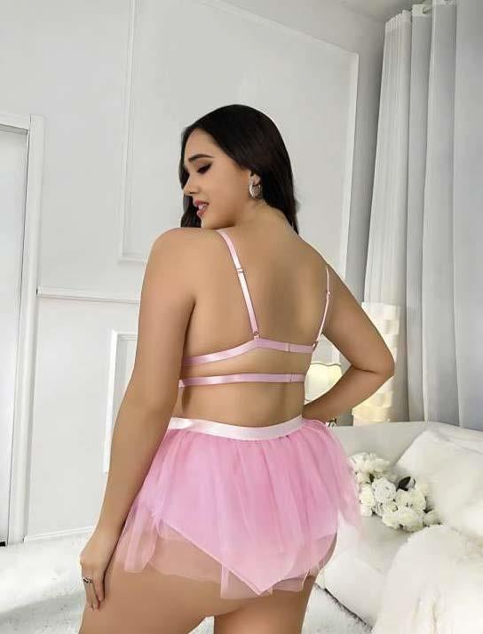 Aria's Closet Büyük Beden Pembe Tül Etekli Mini Fantezi Takım