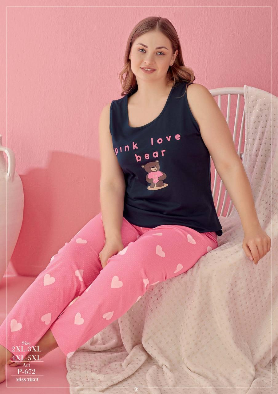 Aria's Closet Büyük Beden Pink Love Bear Kalp ve Ayıcık Desenli Pembe Kısa Kol Pijama Takımı Pembe 2XL