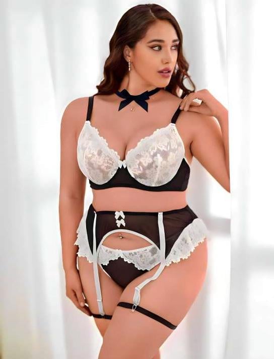 Aria's Closet Büyük Beden Siyah Beyaz Dantel İşlemeli Fantezi Jartiyer Takımı Görsel 3XL