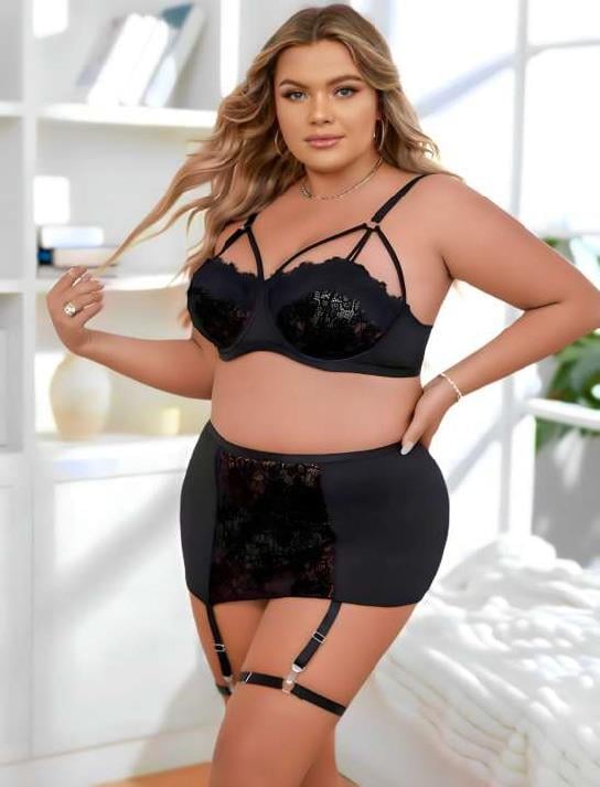 Aria's Closet Büyük Beden Siyah Dantel İşlemeli Dekolteli Jartiyer Takımı Siyah 3XL