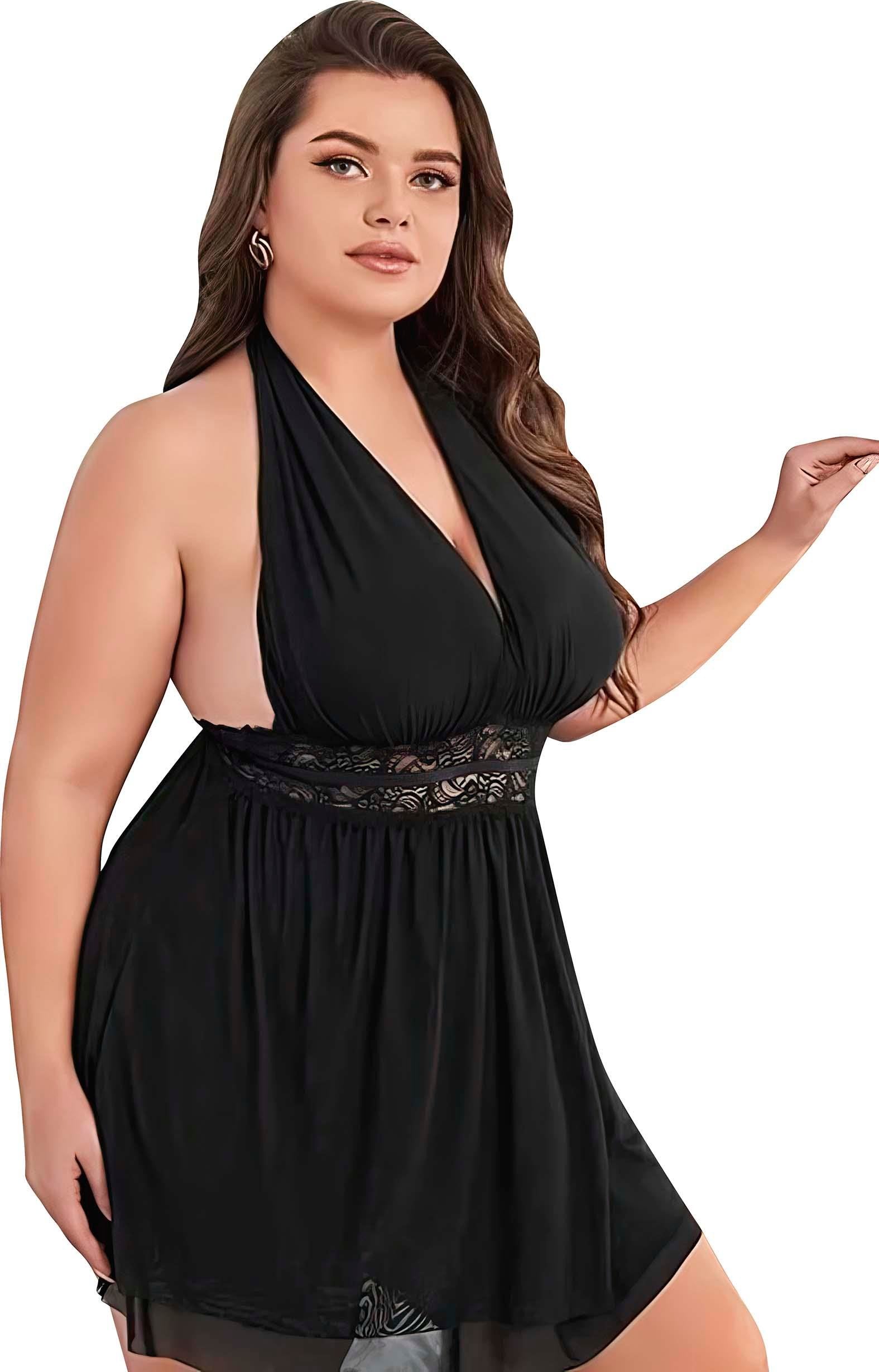 Aria's Closet Büyük Beden Siyah Dantel İşlemeli Boyundan Bağlamalı Fantezi Tül Gecelik