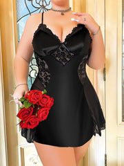 Aria's Closet Büyük Beden Siyah Dantel İşlemeli İnce Askılı Saten Gecelik Siyah 2XL