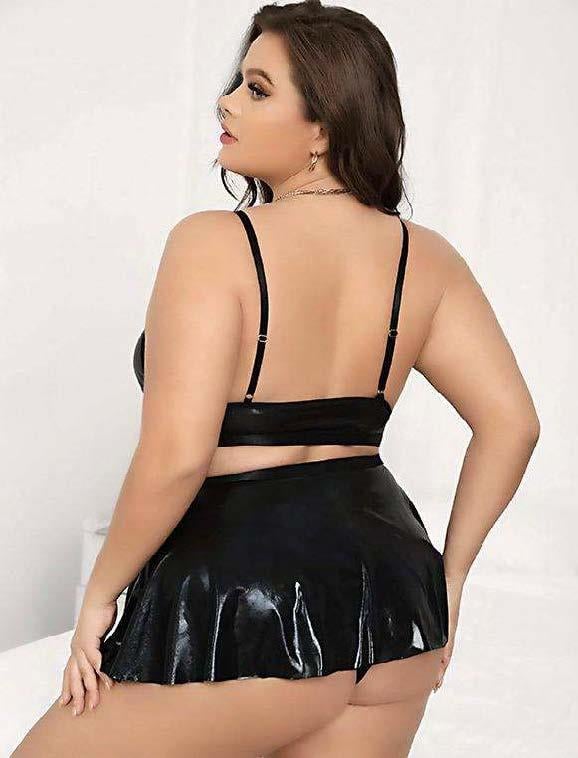 Aria's Closet Büyük Beden Siyah Deri Etekli Fantezi Takım