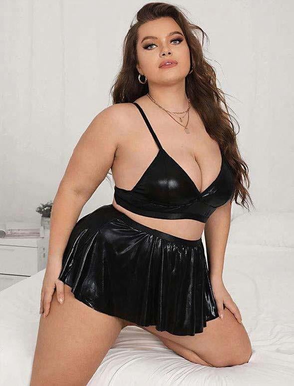 Aria's Closet Büyük Beden Siyah Deri Etekli Fantezi Takım Siyah 3XL