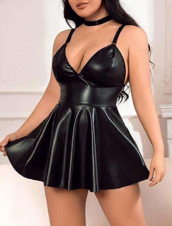 Aria's Closet Büyük Beden Siyah Deri Fantezi Elbise Siyah 3XL