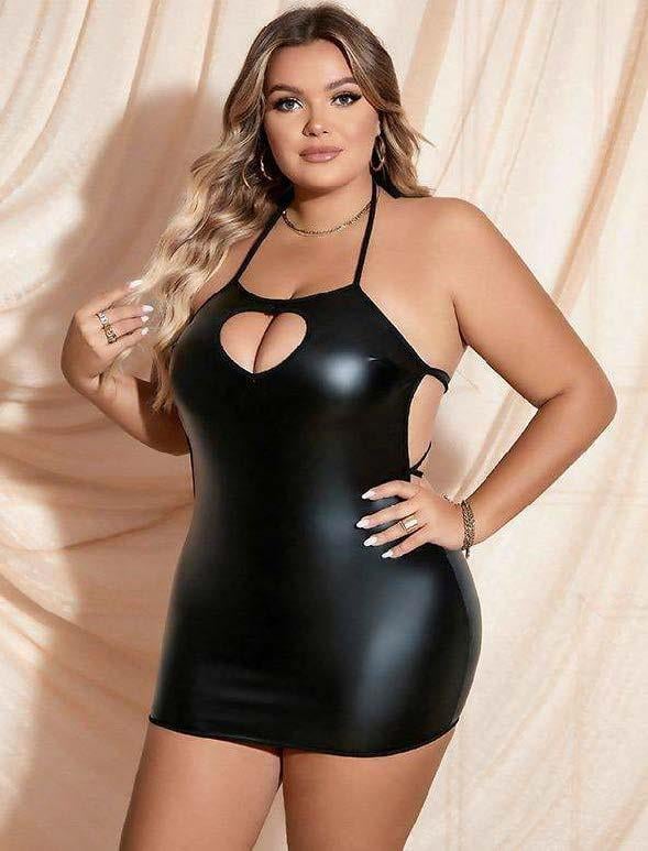 Aria's Closet Büyük Beden Siyah Deri Göğüs Dekolteli Fantezi Elbise Siyah 3XL