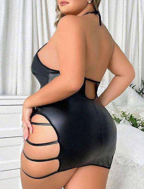 Aria's Closet Büyük Beden Siyah Deri İp Detaylı Fantezi Elbise