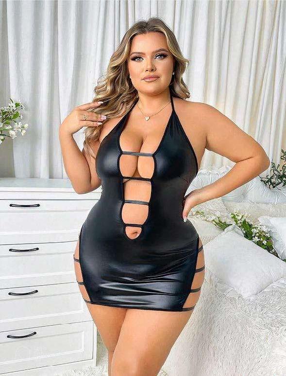 Aria's Closet Büyük Beden Siyah Deri İp Detaylı Fantezi Elbise Siyah 3XL