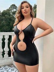 Aria's Closet Büyük Beden Siyah Deri Metal Aksesuarlı Fantezi Elbise Siyah 3XL