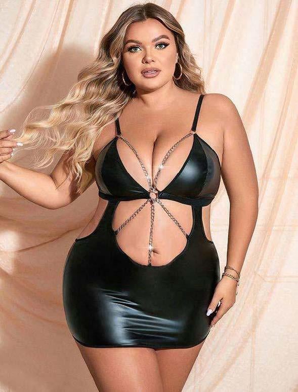 Aria's Closet Büyük Beden Siyah Deri Zincir Aksesuarlı Fantezi Elbise Siyah 3XL