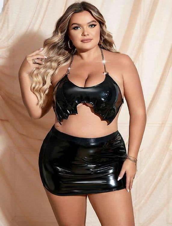 Aria's Closet Büyük Beden Siyah Deri Zincir Detaylı Etekli Fantezi Takım Siyah 3XL