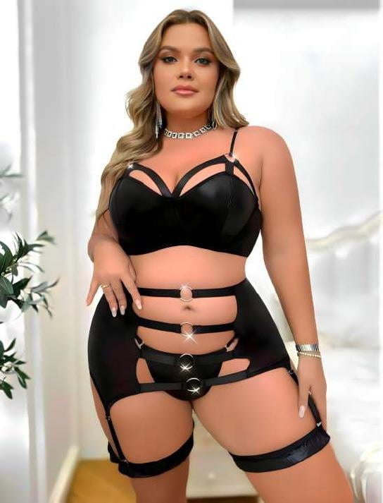 Aria's Closet Büyük Beden Siyah Halkalı Fantezi Jartiyer Takımı Siyah 3XL