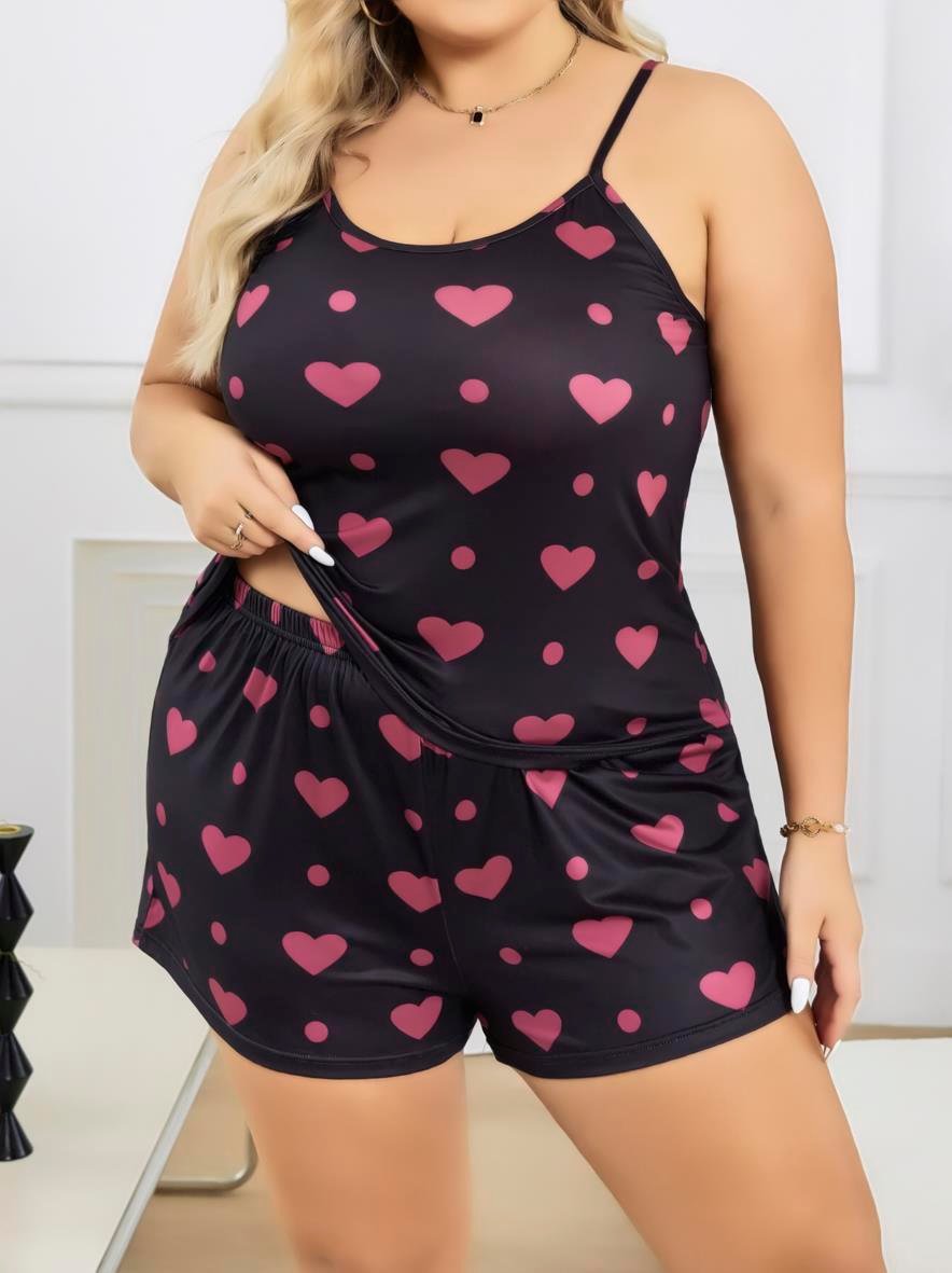 Aria's Closet Büyük Beden Siyah Kalp Desen İnce Askılı Pamuklu Şortlu Pijama Takımı