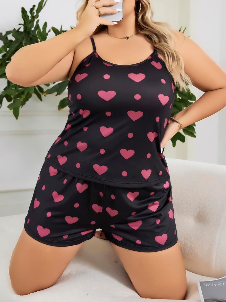 Aria's Closet Büyük Beden Siyah Kalp Desen İnce Askılı Pamuklu Şortlu Pijama Takımı Siyah 2XL